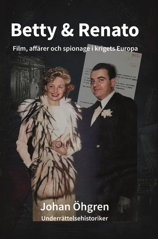 Bokomslag: blond kvinna i ljus fjäderkappa arm i arm med mörkhårig man i mörk kostym, mot ett collage av arkivhandlingar och nattbilder från staden.